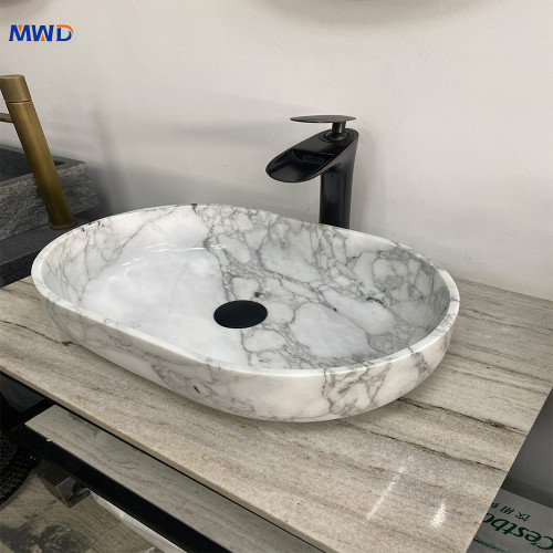 MWD factory Oval Shape wholesale Bathroom above counter natural white marble Stone Wash Basin sink