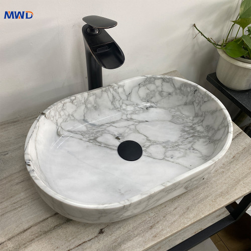 MWD factory Oval Shape wholesale Bathroom above counter natural white marble Stone Wash Basin sink