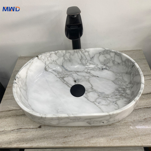 MWD factory Oval Shape wholesale Bathroom above counter natural white marble Stone Wash Basin sink