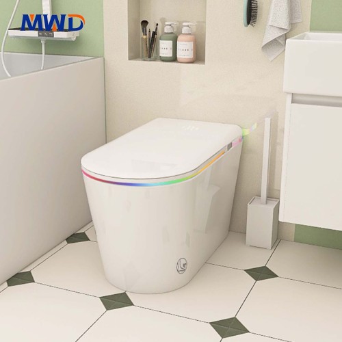Inodoro de cerámica moderno de suelo con descarga por sifón y asiento calefactado: características avanzadas para hoteles y baños contemporáneos.