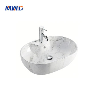 Modern Oval Marble Look Ceramic Vessel Sink – Above Counter Bathroom Basin for Vanity