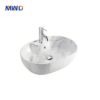 Modern Oval Marble Look Ceramic Vessel Sink – Above Counter Bathroom Basin for Vanity