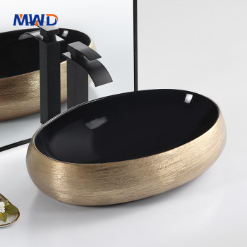 MWD Artisan Oval Vessel Sinks | Black & Gold Ceramic Basins with Textured Designs