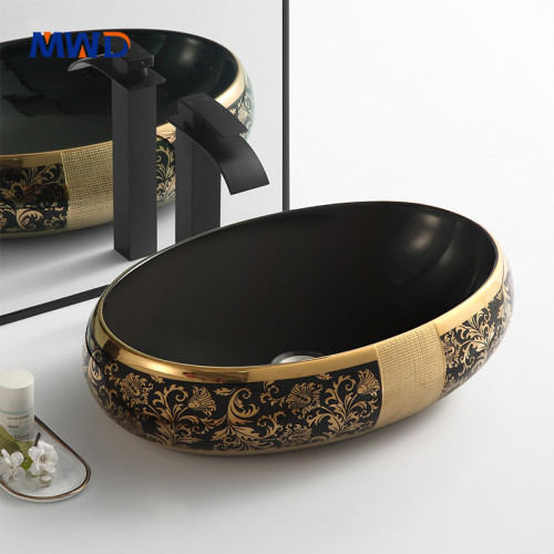 MWD Artisan Oval Vessel Sinks | Black & Gold Ceramic Basins with Textured Designs