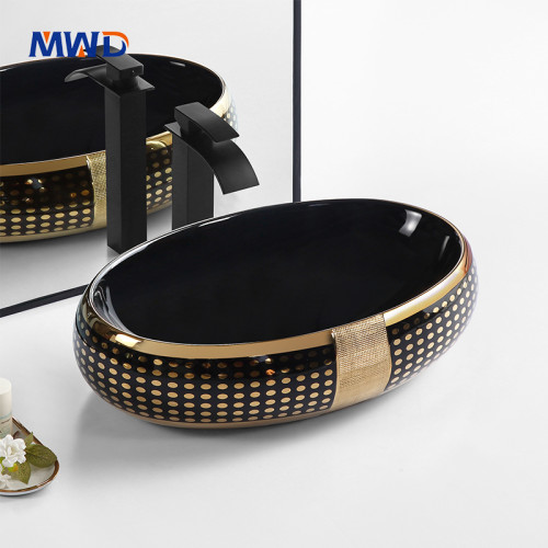 MWD Artisan Oval Vessel Sinks | Black & Gold Ceramic Basins with Textured Designs