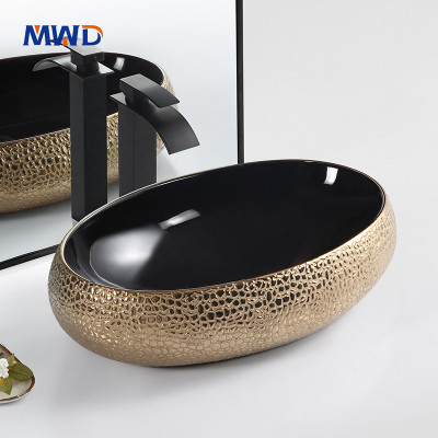 MWD Artisan Oval Vessel Sinks | Black & Gold Ceramic Basins with Textured Designs