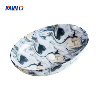 MWD Oval Art Basin - Handcrafted Marble-Touch Vessel Sink for Luxury Bathrooms, Veined Ceramic in Onyx Black / Carrara White / Sapphire Blue