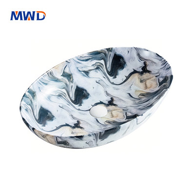 MWD Oval Art Basin - Handcrafted Marble-Touch Vessel Sink for Luxury Bathrooms, Veined Ceramic in Onyx Black / Carrara White / Sapphire Blue