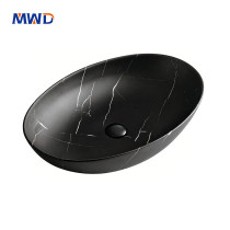 MWD Oval Art Basin - Handcrafted Marble-Touch Vessel Sink for Luxury Bathrooms, Veined Ceramic in Onyx Black / Carrara White / Sapphire Blue