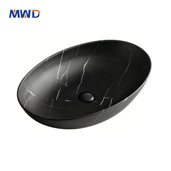 MWD Oval Art Basin - Handcrafted Marble-Touch Vessel Sink for Luxury Bathrooms, Veined Ceramic in Onyx Black / Carrara White / Sapphire Blue