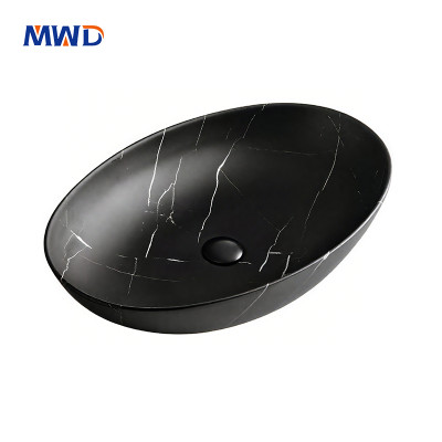 MWD Oval Art Basin - Handcrafted Marble-Touch Vessel Sink for Luxury Bathrooms, Veined Ceramic in Onyx Black / Carrara White / Sapphire Blue