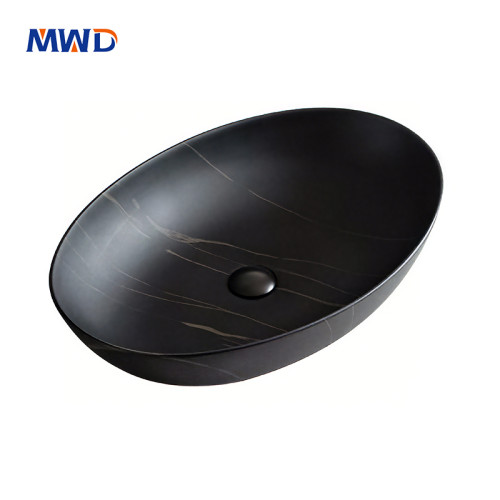 MWD Oval Art Basin - Handcrafted Marble-Touch Vessel Sink for Luxury Bathrooms, Veined Ceramic in Onyx Black / Carrara White / Sapphire Blue