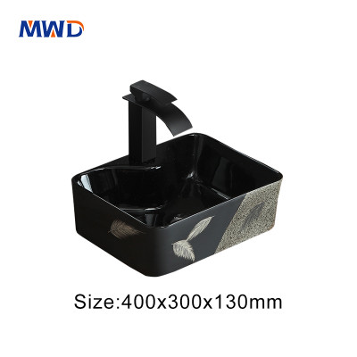 MWD 400x300x130mm Artistic Ceramic Basin - Feather/Floral Pattern Vessel Sink for Industrial Modern Bathrooms