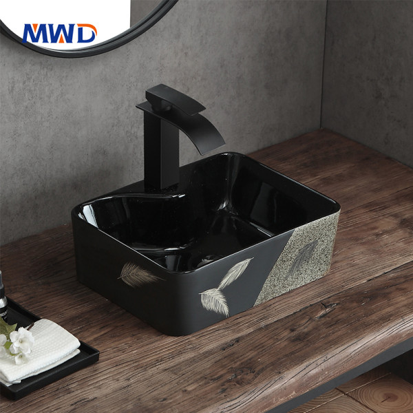 MWD 400x300x130mm Artistic Ceramic Basin - Feather/Floral Pattern Vessel Sink for Industrial Modern Bathrooms