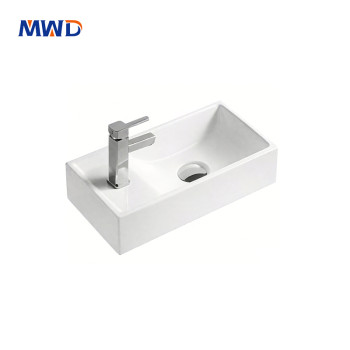 MWD Modern Wall-Mounted Ceramic Basin – 410×225mm Minimalist Bathroom Sink with Left-Side Faucet Hole | Space-Saving Design
