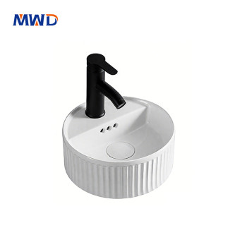 MWD White Ceramic Vessel Sink with Vertical Stripes - Modern Round Above Counter Basin for Bathroom Vanity