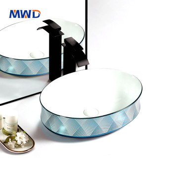 MWD Modern Blue Glossy Vessel Sink - Diamond/Grid Texture Artisan Ceramic Basin for Contemporary Bathroom