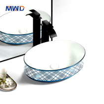 MWD Modern Blue Glossy Vessel Sink - Diamond/Grid Texture Artisan Ceramic Basin for Contemporary Bathroom