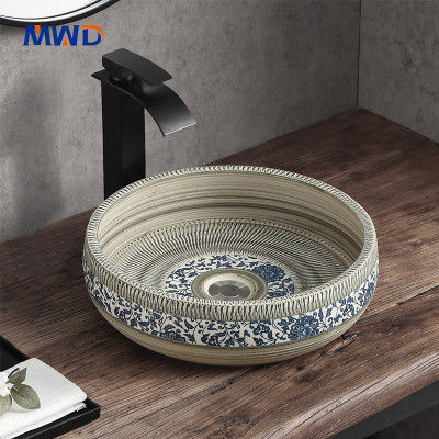 MWD Starry Galaxy & Blue-White Floral Ceramic Vessel Sinks Set - 16x16x5