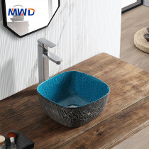 MWD Square Vessel Sinks - Hand-Painted Botanical & Geometric Bathroom Basins with Textured Glaze | Waterproof Wood Base Set