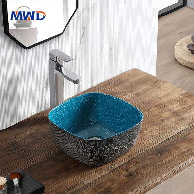 MWD Square Vessel Sinks - Hand-Painted Botanical & Geometric Bathroom Basins with Textured Glaze | Waterproof Wood Base Set
