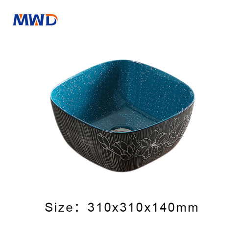 MWD Square Vessel Sinks - Hand-Painted Botanical & Geometric Bathroom Basins with Textured Glaze | Waterproof Wood Base Set