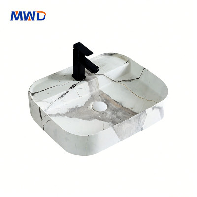MWD Artisanal Marble-Textured Vessel Sinks | Cracked White & Layered Beige Ceramic Basins for Luxury Bathroom Vanities