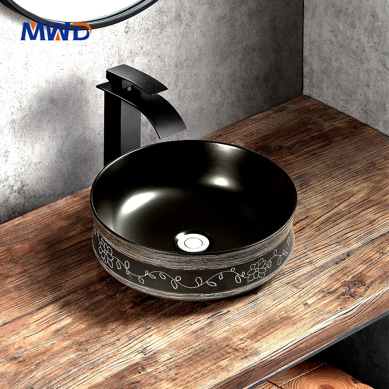 Elegant-Black-Vessel-Sink-with-Floral-Relief-B2B-Wholesale