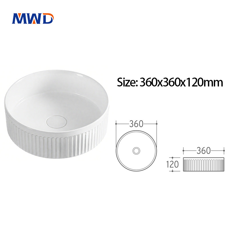 white ribbed ceramic vessel sink 360mm countertop installation