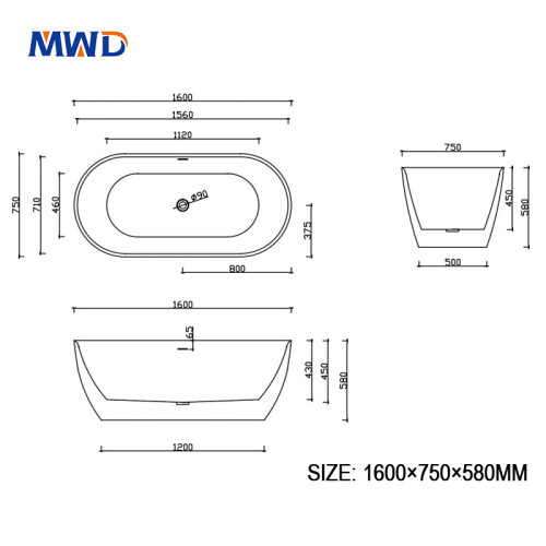 MWD Freestanding Acrylic Bathtub | 1600x750x580mm | Matte or Gloss Finish | Premium Original Acrylic