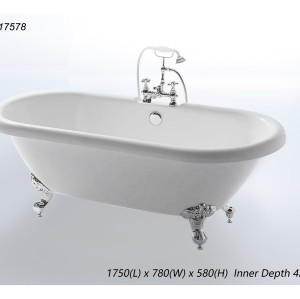 MWD BTR302-17578 67 inch Freestanding Acrylic Bathtub with Silver Legs - 1750mm x 780mm
