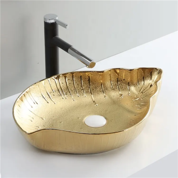 Hotel counter top glossy gold bathroom sink gold hand face wash basin ceramic art basin