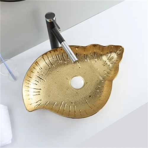 Lavabo de cerámica del arte del lavabo de la mano del oro del lavabo del cuarto de baño del oro brillante de la encimera del hotel