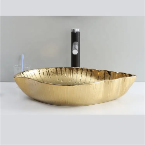 Hotel counter top glossy gold bathroom sink gold hand face wash basin ceramic art basin