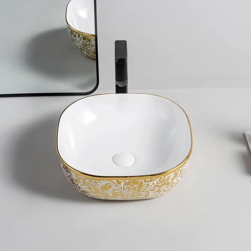 Goldenes Keramik-Handwaschbecken, luxuriöses goldenes Waschbecken, Badezimmer über der Theke, Kunstwaschbecken