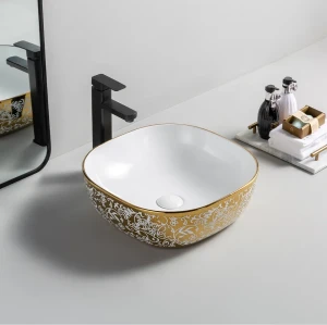 Lavabo a mano de cerámica dorada, lavabo dorado de lujo para baño, lavabo artístico sobre encimera