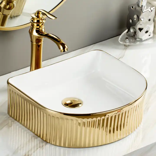 Fregaderos artísticos de lavabo de baño con borde dorado y encimera de porcelana de lujo