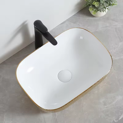 Classic Style Diamond Rectangular Ceramic Art Face Wash Hand Gold White Color Basin