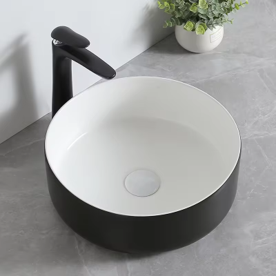 Раковина для ванной комнаты с круглым столом художника, керамический черно-белый умывальник