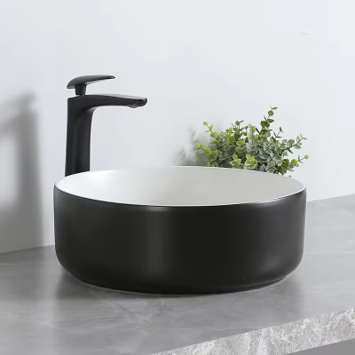 Artist Round Table Top Bathroom Sink Ceramic Black And White Wash Basin