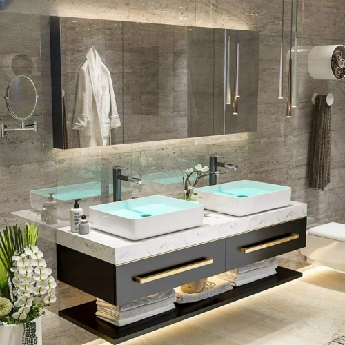 MWD Luxury Wooden  Bathroom Vanity Cabinet Furniture With Single and Double Sinks And Mirror Wash Basin For Hotel Bathroom