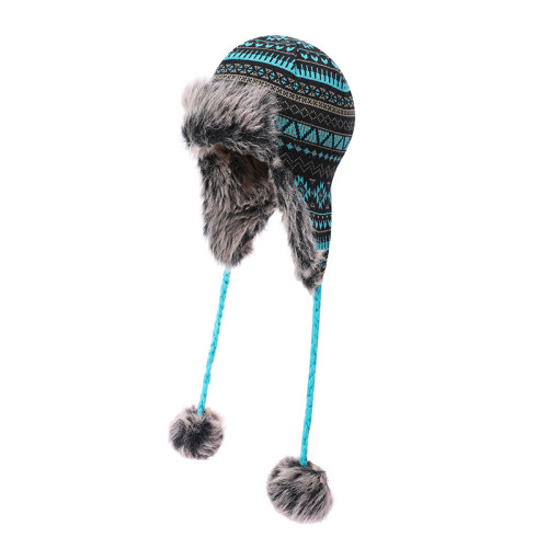 OEM ladies knitted  Earflap wholesale Hat Faux Fur Knit Hat Warm Snow Ski Trapper anti-pilling Hat