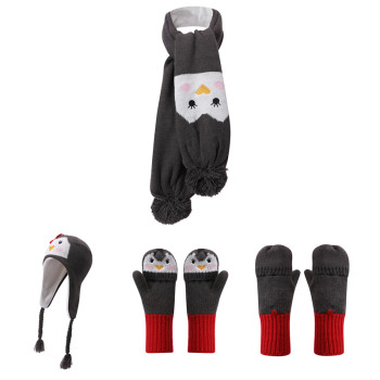 Wholesale Knitted Baby Hat Gloves and Scarf Set With Cute Penguin pattern knit baby hat gloves scarf