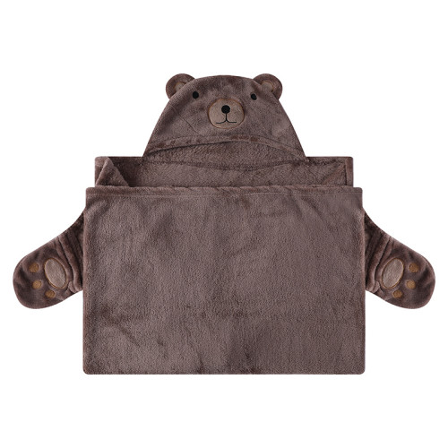 Детские одеяла OEM, пригодные для вторичной переработки, оптовая продажа, фланелевый флис с капюшоном, милый дизайн с медвежьим лицом