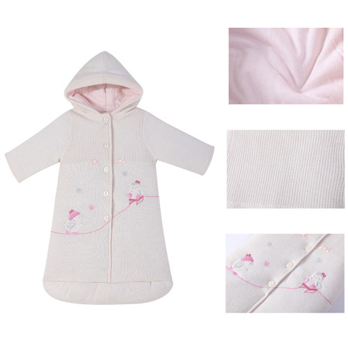 Оптовый вязаный спальный мешок для новорожденных BabyGirl Anti-pilling с капюшоном, боди с пуговицей и дизайном вышивки