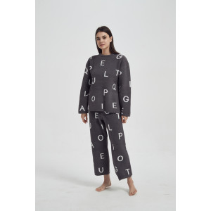 Wholesale Womens Pajamas Set with Alphabet Patterns- Long Sleeve Shirt and Pajama Pants OEM