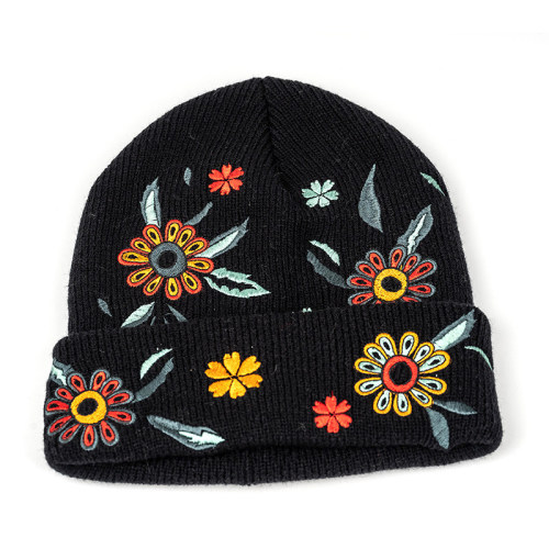 Wholesale Embroidery Flowers Knitted beanie Hat Winter Ski Skullcap Top Hat Black Elastic Beanie