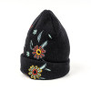 Wholesale Embroidery Flowers Knitted beanie Hat Winter Ski Skullcap Top Hat Black Elastic Beanie