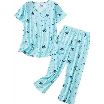 Women Short Sleeve Pajama Set print pattern Sleep Shirt Two Piece Sleepwear Set