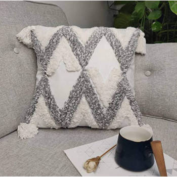 Boho Decorative Pillow Cover Woven Pillowcase with Tassel Classic Wave Line Pattern for Sofa Couch